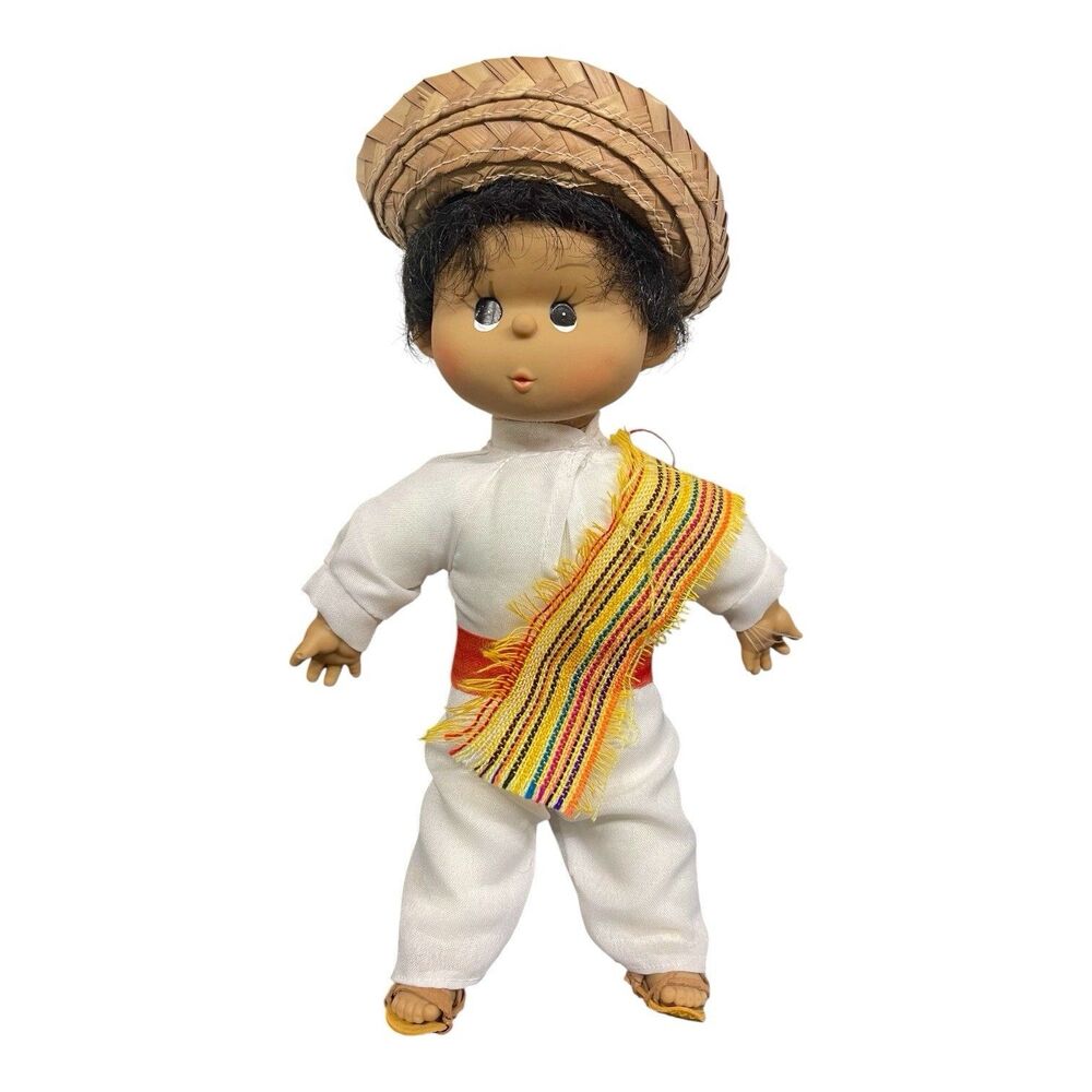 Vintage International Souvenir Boy Doll Woven Hat Sandals Ethnic Costume
